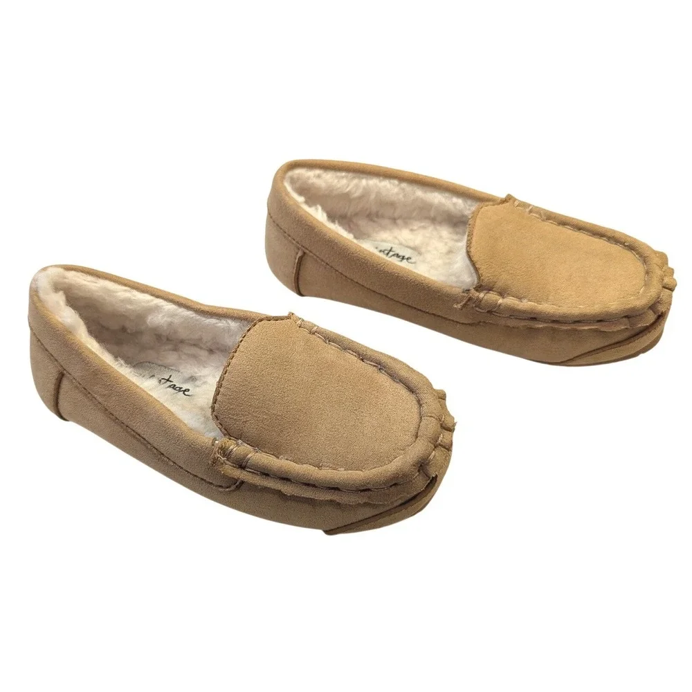 Crown Vintage Lil Miles Tan Faux Fur Lined Moccasin Slippers Kids Sz 10 Toddler